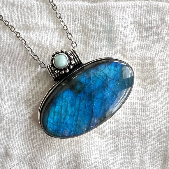 925 Royal BLUE Flash Labradorite + Larimar Pendant Necklace - Picture 5 of 8